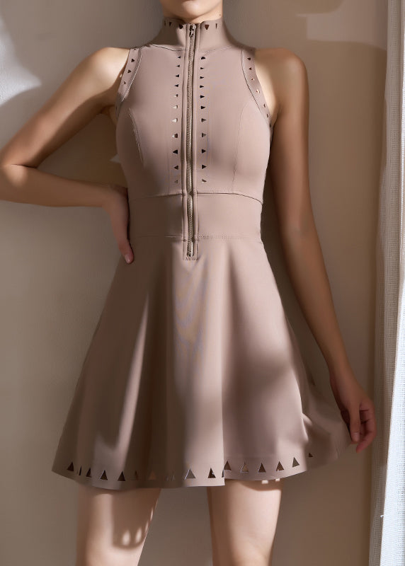Brown Zip Up Solid Yoga Tennis Dress