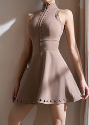 Brown Zip Up Solid Yoga Tennis Dress