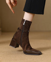 Brown Zippered Chunky Suede Elegant Splicing Boots