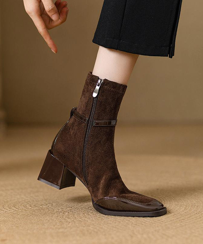 Brown Zippered Chunky Suede Elegant Splicing Boots