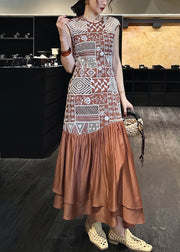 Brown Zippered Hollow Out Patchwork Cotton Long Dresses Embroidered Sleeveless