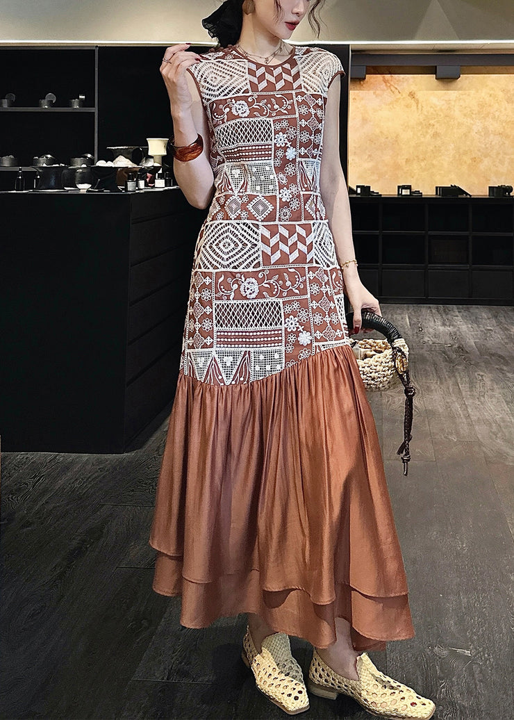 Brown Zippered Hollow Out Patchwork Cotton Long Dresses Embroidered Sleeveless
