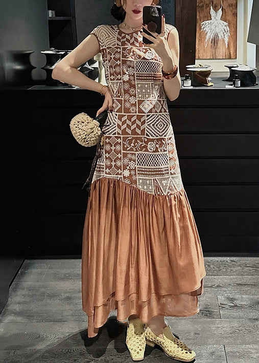 Brown Zippered Hollow Out Patchwork Cotton Long Dresses Embroidered Sleeveless