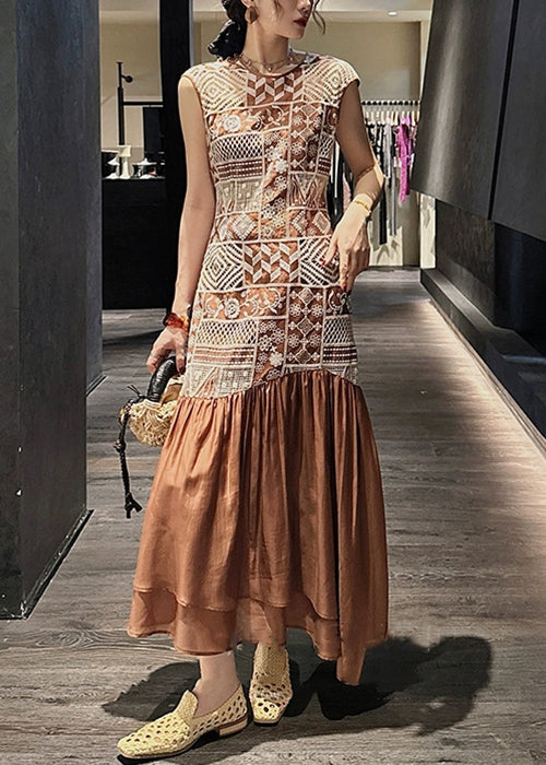Brown Zippered Hollow Out Patchwork Cotton Long Dresses Embroidered Sleeveless