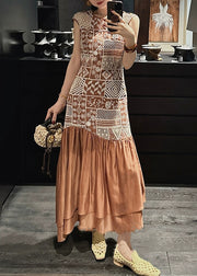 Brown Zippered Hollow Out Patchwork Cotton Long Dresses Embroidered Sleeveless