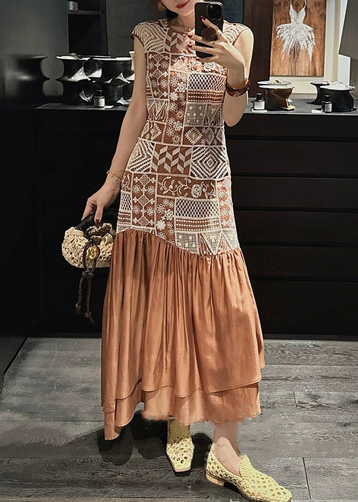 Brown Zippered Hollow Out Patchwork Cotton Long Dresses Embroidered Sleeveless