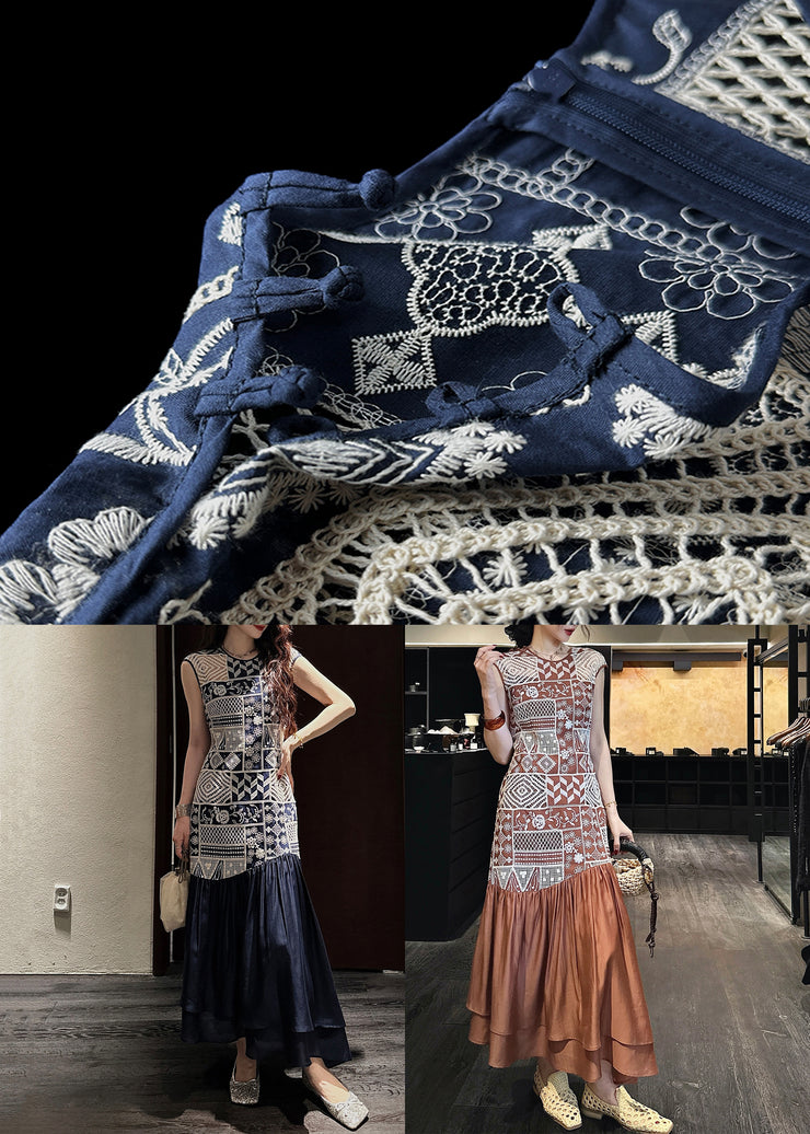 Brown Zippered Hollow Out Patchwork Cotton Long Dresses Embroidered Sleeveless