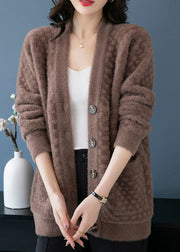 Camel Pockets Patchwork Mink Hair Knitted Coats V Neck Button Fall