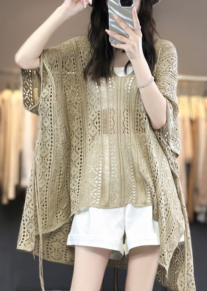 Camel Side Open Knit Summer T Shirts V Neck Hollow Out