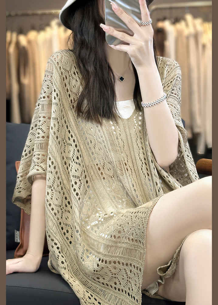 Camel Side Open Knit Summer T Shirts V Neck Hollow Out
