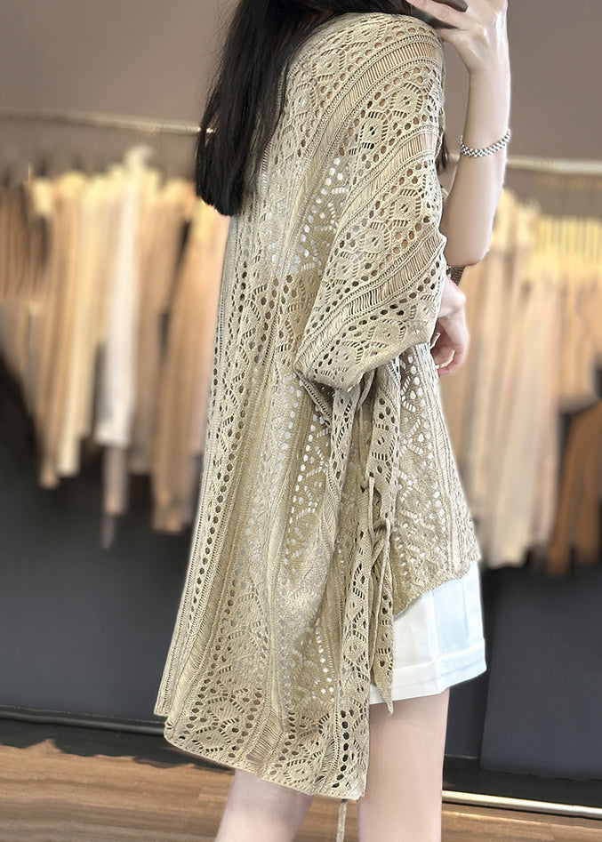 Camel Side Open Knit Summer T Shirts V Neck Hollow Out