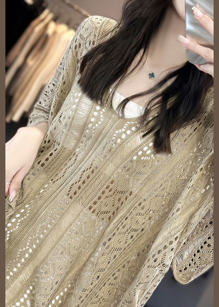 Camel Side Open Knit Summer T Shirts V Neck Hollow Out