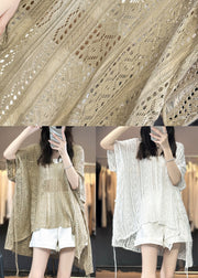 Camel Side Open Knit Summer T Shirts V Neck Hollow Out