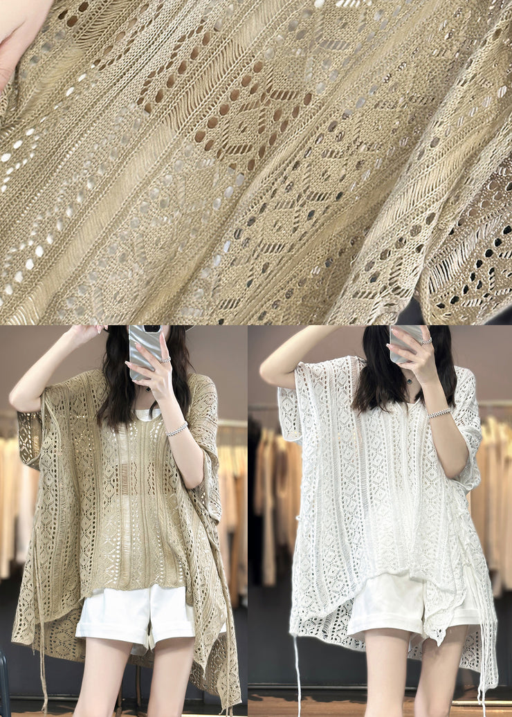 Camel Side Open Knit Summer T Shirts V Neck Hollow Out