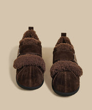 Camel Suede Flat Feet Shoes Splicing Fuzzy Wool Lined
