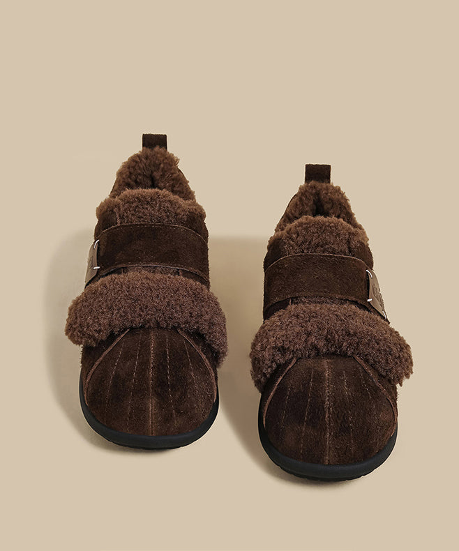 Camel Suede Flat Feet Shoes Splicing Fuzzy Wool Lined
