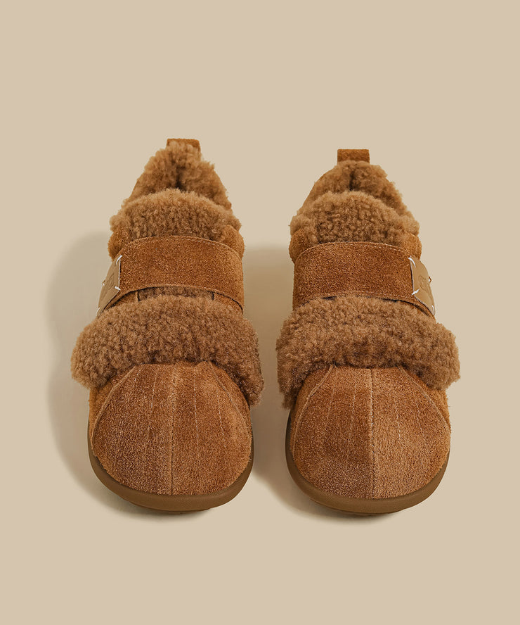 Camel Suede Flat Feet Shoes Splicing Fuzzy Wool Lined
