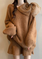 Caramel Bow Patchwork Cotton Knit Sweaters And Skirts Two Pieces Set Lantern Sleeve