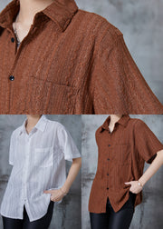 Caramel Hollow Out Cotton Shirt Top Embroidered Summer