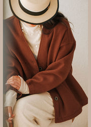 Caramel Oversized cotton blend Coats V Neck Solid Winter