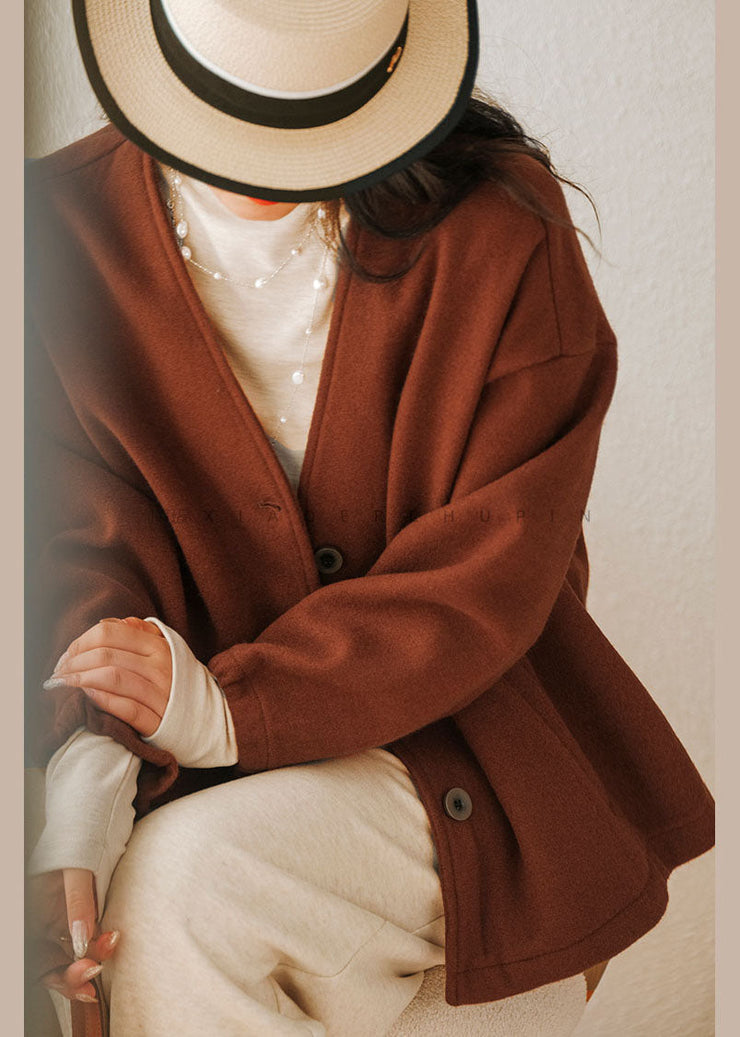 Caramel Oversized cotton blend Coats V Neck Solid Winter