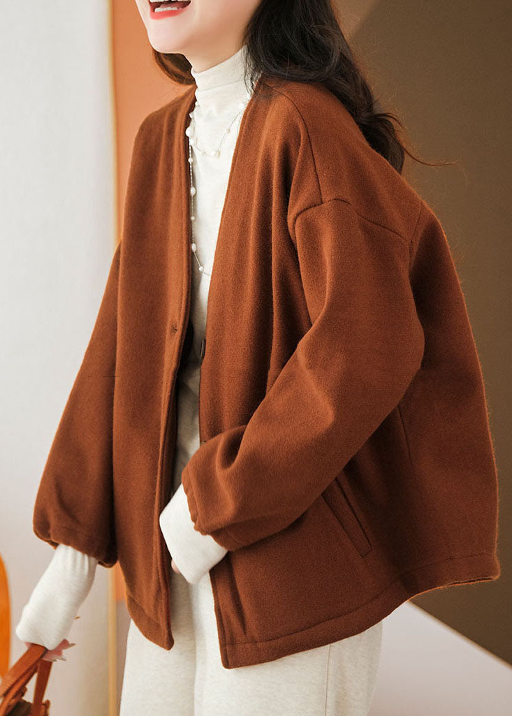 Caramel Oversized cotton blend Coats V Neck Solid Winter