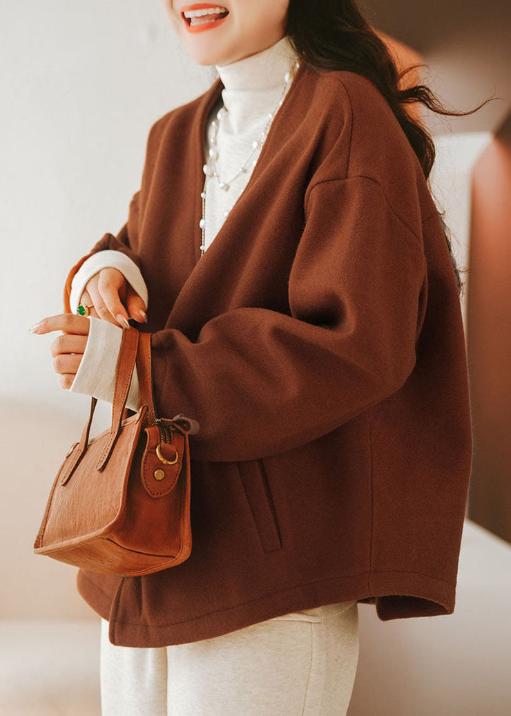 Caramel Oversized cotton blend Coats V Neck Solid Winter