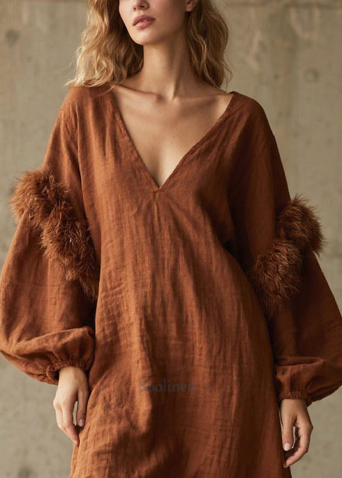 Caramel Patchwork Faux Fur Cotton Long Dress V Neck Fall