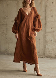 Caramel Patchwork Faux Fur Cotton Long Dress V Neck Fall