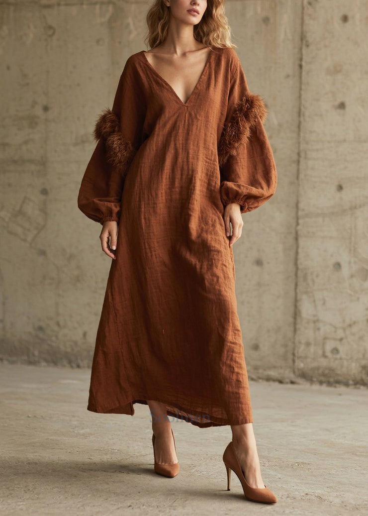 Caramel Patchwork Faux Fur Cotton Long Dress V Neck Fall