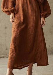 Caramel Patchwork Faux Fur Cotton Long Dress V Neck Fall