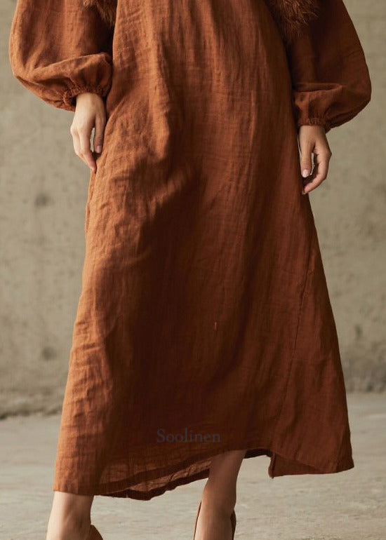 Caramel Patchwork Faux Fur Cotton Long Dress V Neck Fall