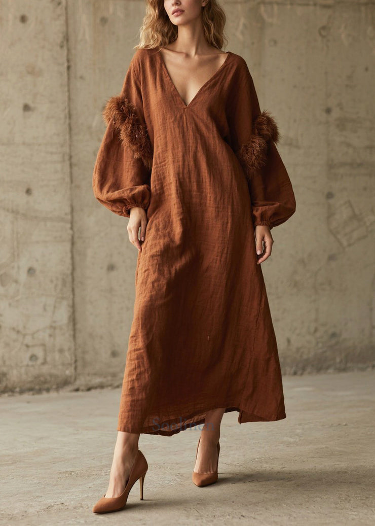 Caramel Patchwork Faux Fur Cotton Long Dress V Neck Fall
