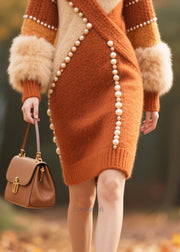 Caramel Patchwork Faux Fur Long Knit Dress Handmade Nail Bead Winter