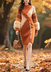 Caramel Patchwork Faux Fur Long Knit Dress Handmade Nail Bead Winter