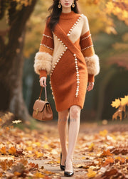 Caramel Patchwork Faux Fur Long Knit Dress Handmade Nail Bead Winter
