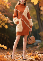 Caramel Patchwork Faux Fur Sweater Dress Nail Bead Winter