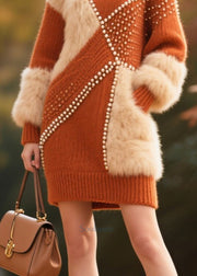 Caramel Patchwork Faux Fur Sweater Dress Nail Bead Winter