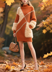 Caramel Patchwork Faux Fur Sweater Dress Nail Bead Winter