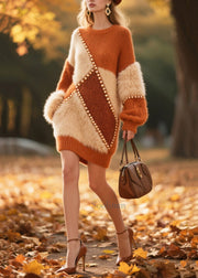 Caramel Patchwork Faux Fur Warm Knit Dress Oversized Nail Bead Winter