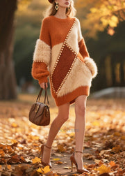 Caramel Patchwork Faux Fur Warm Knit Dress Oversized Nail Bead Winter