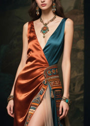 Caramel Patchwork Silk Dinner Dress Asymmetrical Design Summer
