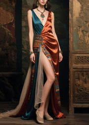 Caramel Patchwork Silk Dinner Dress Asymmetrical Design Summer
