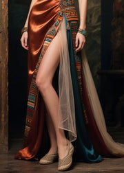 Caramel Patchwork Silk Dinner Dress Asymmetrical Design Summer