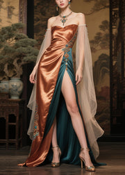 Caramel Patchwork Silk Strapless Dress Exra Large Hem Side Open Summer