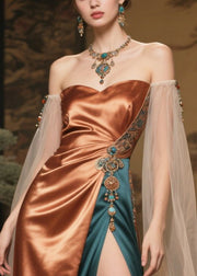 Caramel Patchwork Silk Strapless Dress Exra Large Hem Side Open Summer