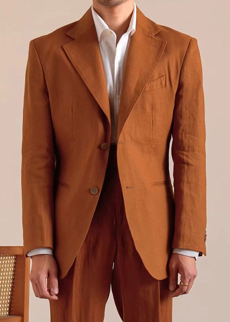 Caramel Pockets Solid Linen Casual Clothing Men Coat Notched
