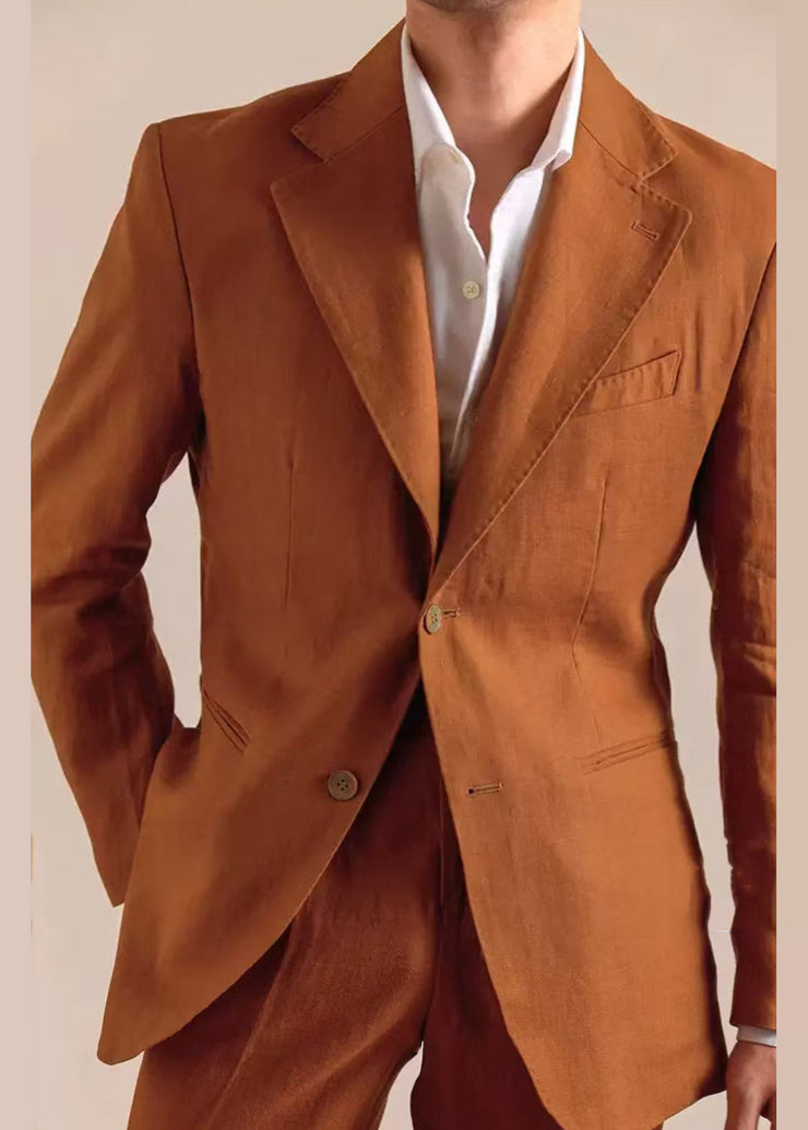 Caramel Pockets Solid Linen Casual Clothing Men Coat Notched