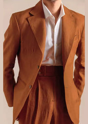 Caramel Pockets Solid Linen Casual Clothing Men Coat Notched