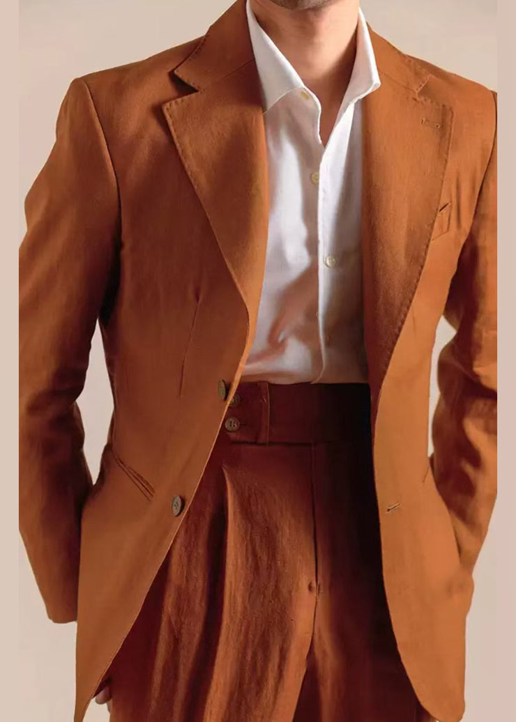 Caramel Pockets Solid Linen Casual Clothing Men Coat Notched